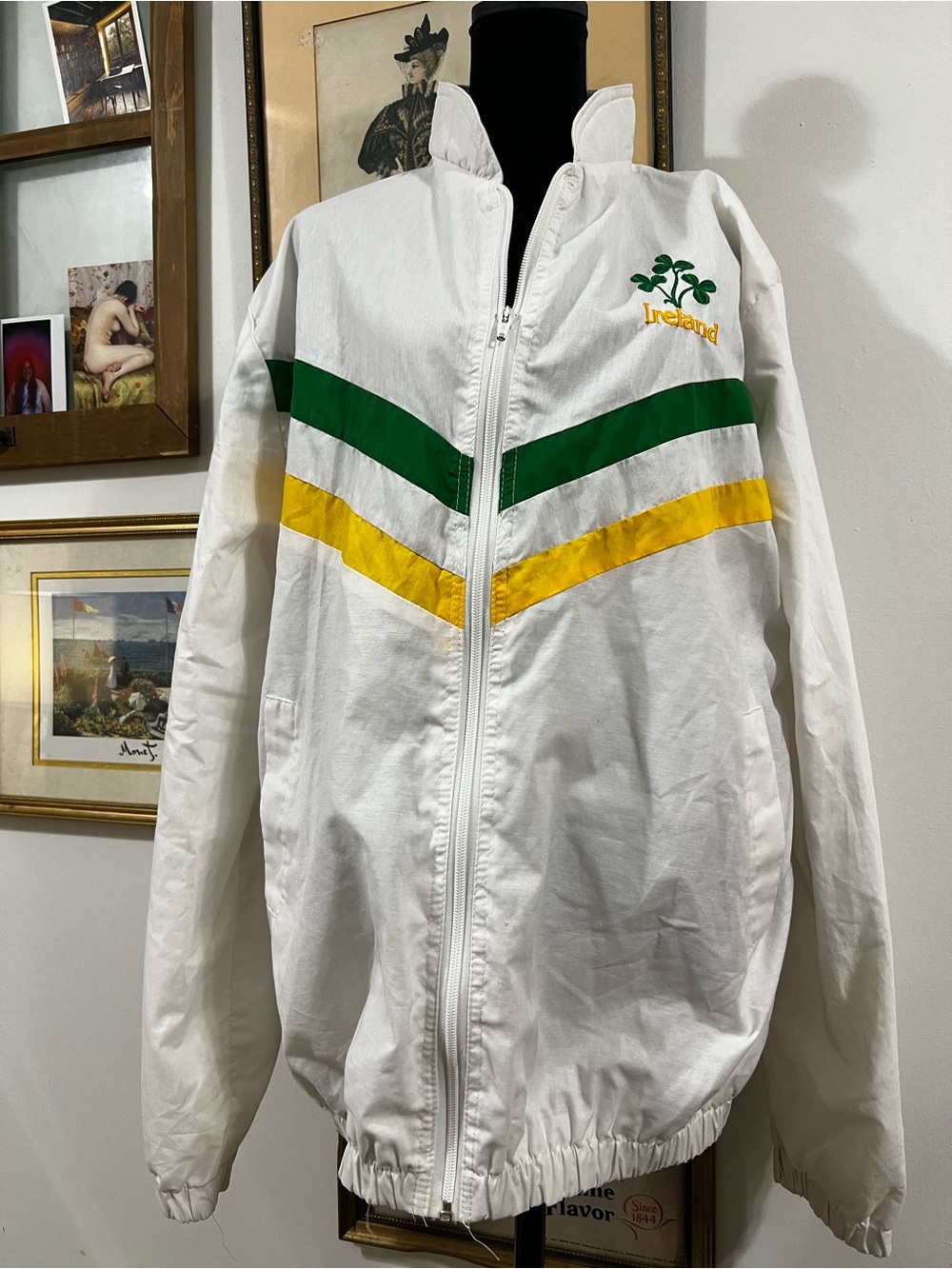 Vintage White Bomber Jacket with Green & Yellow Stripes